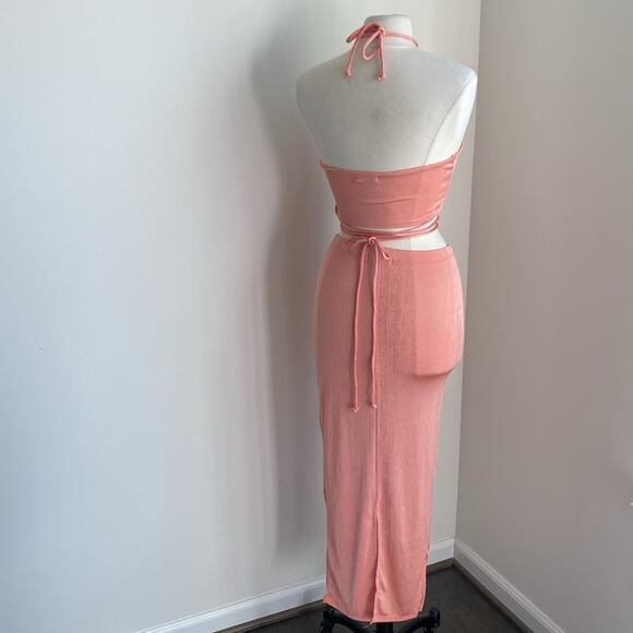 2 Piece Coral Skirt Set Womens Sz Small Stretch Summer Party Cocktail Rooftop - Picture 6 of 7